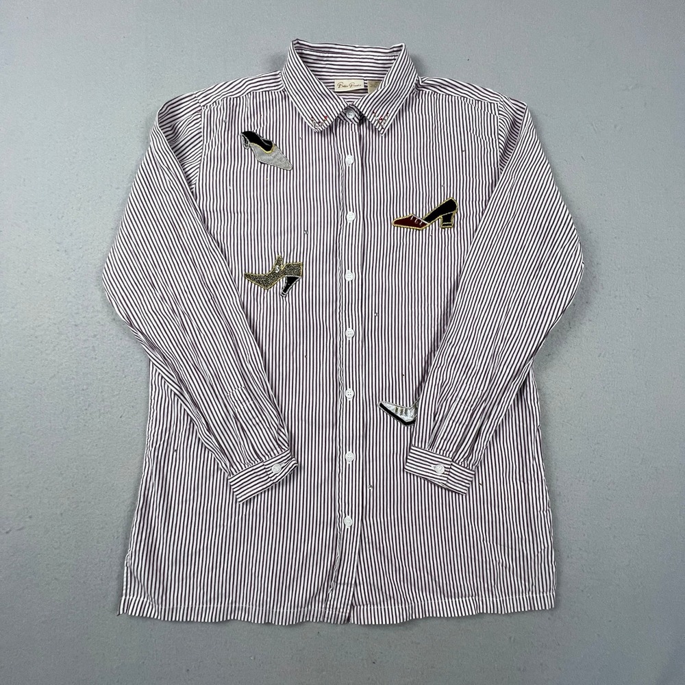 Bobbie Brooks‎ Button Up Shirt Womens Small Purple Stripe Shoe Applique Blouse